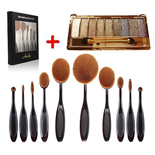 10 pc Makeup Brushes Set Toothbrush Foundation Brush Powder Mirror Metallic Pink
